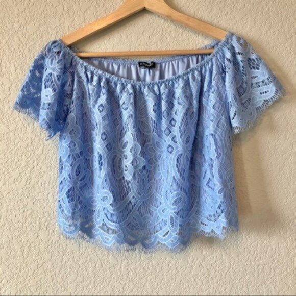 Express Light Blue Lace Off Shoulder Crop Top XS - Picture 2 of 3